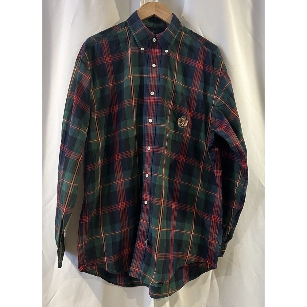Polo Ralph Lauren Plaid Shirt‎ Mens L Vintage Green Langston Cotton Tartan Cabin
